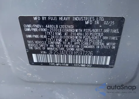 2015 Subaru Forester 2.5I Premium from USA, damaged, VIN JF2SJADC0FH597226